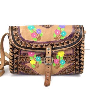 Vintage Handmade Leather Tooled Painted Floral Crossbody Purse Boho Hippie